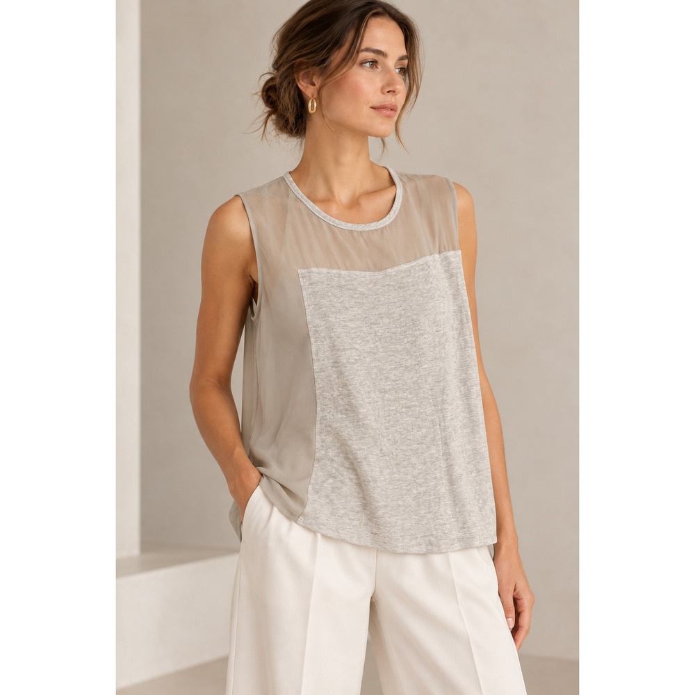 Helmut Lang Blouse Top Shirt Women Sz L Grey Silk Cotton Sheer Lagenlook